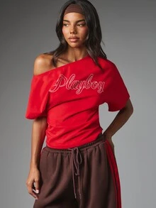Missguided x Playboy Script Logo One Shoulder Red T-Shirt Off Shoulder Asymmetric Neckline Short Sleeve Casual Summer Top - Red - View 1