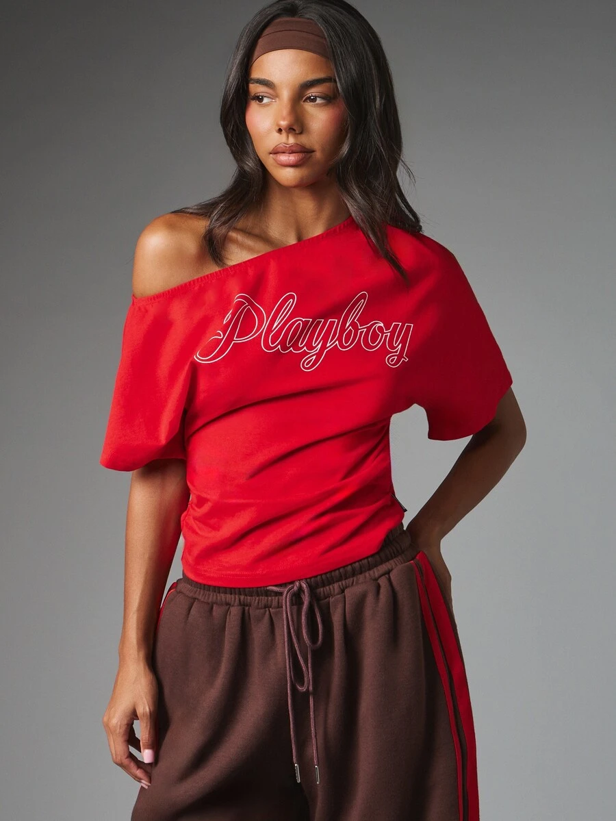 Missguided x Playboy Script Logo One Shoulder Red T-Shirt Off Shoulder Asymmetric Neckline Short Sleeve Casual Summer Top - Red - View 1