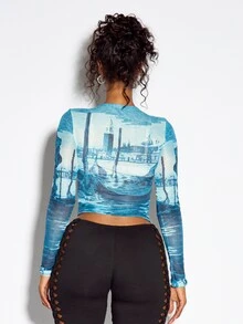 SUMWON WOMEN Miami Scenic Print Semi-Sheer Mesh Long Sleeve Crew Neck Crop Top With All Over Photographic Graphic Print Summer Festival Top - Blue - View 5