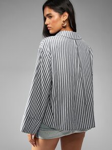 MISSGUIDED 寬鬆條紋鈕扣襯衫，寬喇叭袖，經典領口，方正短版剪裁，春夏休閒上衣 - 黑色 - 查看 2