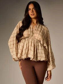 AiiRZ Blus Peplum Lengan Puff Motif Kotak-kotak dengan Hiasan Renda, Leher V, Pinggang Berkerut, Hem Mengalir, Atasan Boho Musim Gugur/Musim Dingin - MultiWarna - View 1