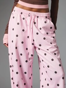 MISSGUIDED Celana Kasual Polkadot Kaki Lebar dengan Pinggang Elastis dan Tali Serut serta Saku Samping, Celana Panjang Santai dengan Potongan Longgar - Berwarna merah muda - View 4