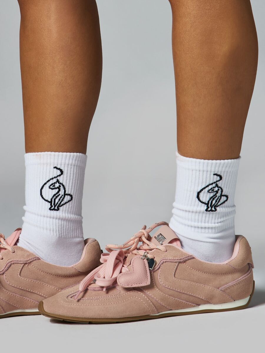 BABYPHAT Ribbed Crew Socks With Graphic Logo Print Slouchy Fit Casual Everyday Socks Spring Summer Essentials - White - View 1