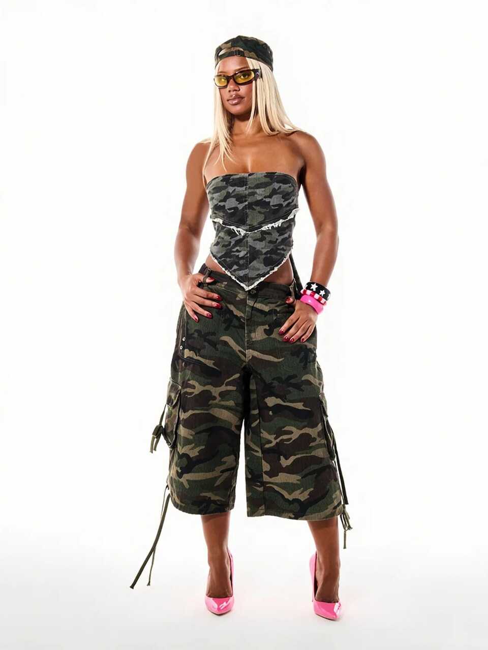 SUMWON WOMEN Camo Cargo Capri Shorts With Multi Pocket Lace-Up Detail And Elastic Waist Military Style Summer Festival Wide Leg Bermuda