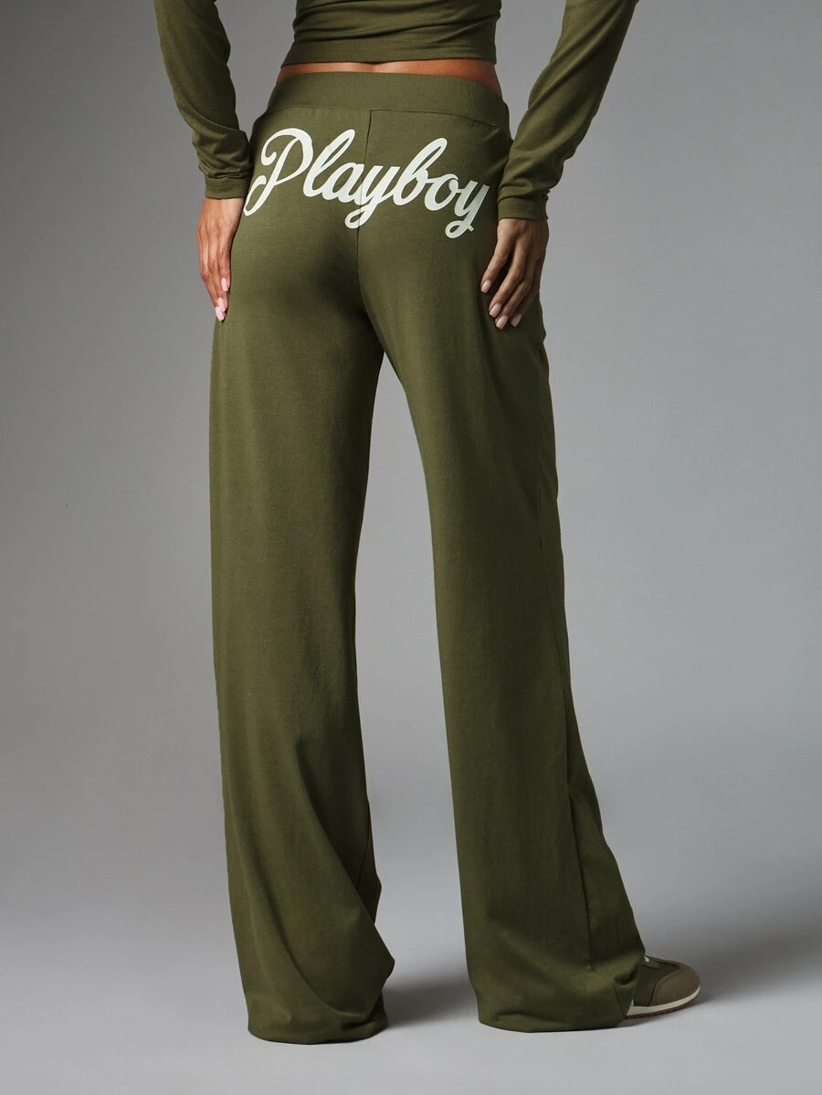 Missguided x Playboy Wide Leg Casual Pants With Bunny Logo And Script Bum Print Drawstring Waist Full Length Relaxed Fit Lounge Trousers - Army Green - View 1