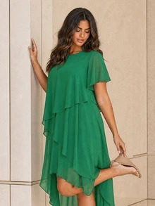 ELLERISSA Plus Size Green Round Neck Short Sleeve Layered High Low Chiffon Dress - Green - View 6