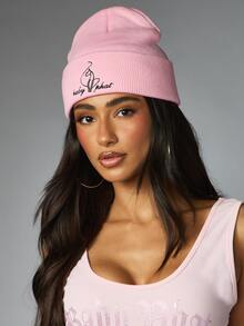 BABYPHAT 刺繡標誌針織毛帽，附翻邊帽沿，經典貓咪 Logo 冬季秋季保暖帽 - 粉色 - 查看 1