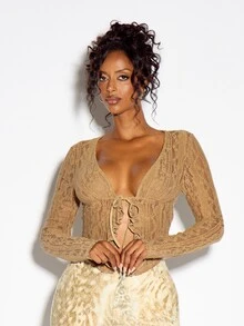 SUMWON WOMEN Floral Lace Crop Blouse With Deep Plunge Neckline Ruffle Tie Front Detail Long Sleeve Sheer Party Night Out Top - Khaki - View 3