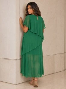 ELLERISSA Plus Size Green Round Neck Short Sleeve Layered High Low Chiffon Dress - Green - View 2
