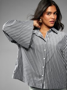 MISSGUIDED 寬鬆條紋鈕扣襯衫，寬喇叭袖，經典領口，方正短版剪裁，春夏休閒上衣 - 黑色 - 查看 4
