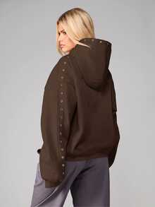 MISSGUIDED Oversized Pullover Hoodie With Eyelet Grommet Trim Detail On Sleeves Pocket And Hood Fall Winter Essential Sweatshirt - Brown - View 2