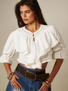 MISSGUIDED Boho Ruffle Crop Blouse With Bell Sleeves Lace Trim Eyelet Detail Summer Festival Vacation Peasant Top - White - View 5
