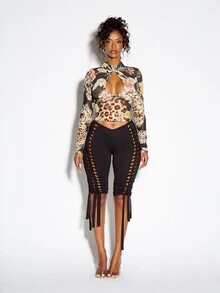 SUMWON WOMEN Crop Top Lengan Panjang Jala Transparan dengan Leher Tinggi Berlubang Motif Campuran Bunga dan Leopard Gaya Pesta Musim Panas untuk Festival - MultiWarna - View 3