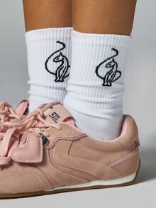BABYPHAT Ribbed Crew Socks With Graphic Logo Print Slouchy Fit Casual Everyday Socks Spring Summer Essentials - White - View 4