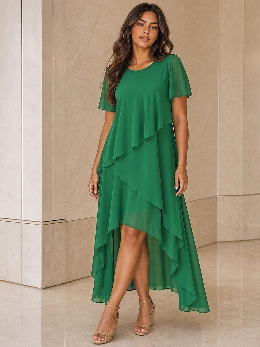 ELLERISSA Plus Size Green Round Neck Short Sleeve Layered High Low Chiffon Dress - Green - View 1