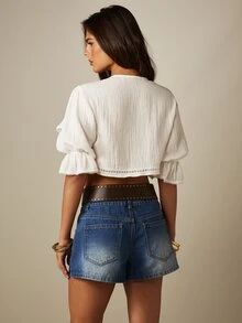 MISSGUIDED Boho Ruffle Crop Blouse With Bell Sleeves Lace Trim Eyelet Detail Summer Festival Vacation Peasant Top - White - View 2