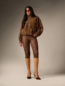 AiiRZ Floral Lace Cropped Leggings High Rise Capri Length Semi Sheer Stretch Fabric Slim Fit Elegant Fall Winter Style - Coffee Brown - View 2