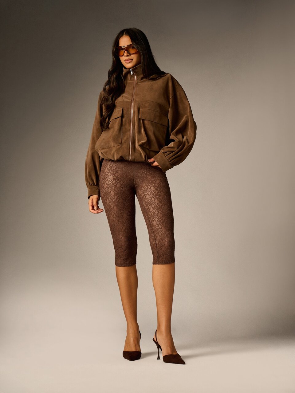 AiiRZ Floral Lace Cropped Leggings High Rise Capri Length Semi Sheer Stretch Fabric Slim Fit Elegant Fall Winter Style