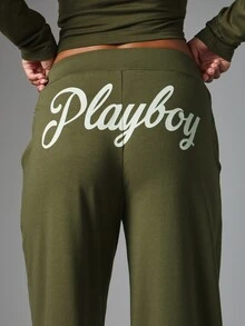 Missguided x Playboy Wide Leg Casual Pants With Bunny Logo And Script Bum Print Drawstring Waist Full Length Relaxed Fit Lounge Trousers - Army Green - View 3