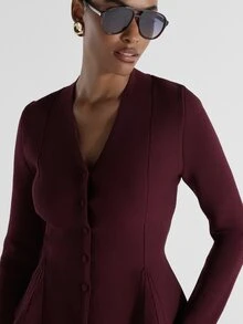 KSTM Fitted Peplum Knit Jacket With V-Neck Button Front Closure And Pleated Hem Detail For Office And Evening Occasions - Burgundy - View 4