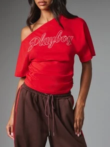 Missguided x Playboy Script Logo One Shoulder Red T-Shirt Off Shoulder Asymmetric Neckline Short Sleeve Casual Summer Top - Red - View 4