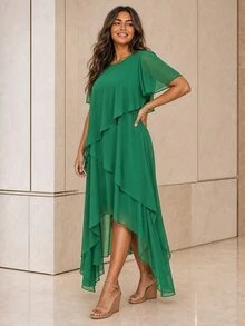 ELLERISSA Plus Size Green Round Neck Short Sleeve Layered High Low Chiffon Dress - Green - View 4