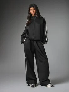 MISSGUIDED Celana Track Kaki Lebar dengan Panel Samping Tiga Garis, Pinggang Elastis, Panjang Penuh, Kasual, Potongan Santai, Jogger, Sempurna untuk Musim Semi dan Musim Panas - Hitam dan Putih - View 5