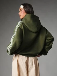 MISSGUIDED Sport Oversized Full-Zip Hoodie With Contrast Stripe Detail Long Sleeve Centre Pocket Casual Layering Essential Athletic - Green - View 3