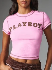 Missguided x Playboy Logo Crew Neck Crop T-Shirt With Contrast Stitching Short Sleeve Fitted Slim Fit Tee Summer Festival Top - Pink - View 4