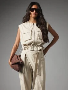 MISSGUIDED Sleeveless Zip-Up Cargo Vest And Wide Leg Belted Trousers Co-Ord Set With Patch Pockets And Elasticated Waist - Khaki - View 5