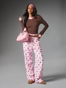 MISSGUIDED Celana Kasual Polkadot Kaki Lebar dengan Pinggang Elastis dan Tali Serut serta Saku Samping, Celana Panjang Santai dengan Potongan Longgar - Berwarna merah muda - View 5