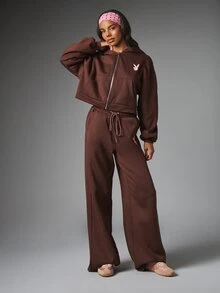 Missguided x Playboy Full-Zip Cropped Sweatshirt With Bunny Logo Chest Print And Los Angeles Crown Back Graphic Long Sleeve Casual Fleece Top - Brown - View 3