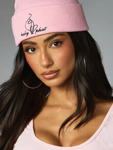 BABYPHAT 刺繡標誌針織毛帽，附翻邊帽沿，經典貓咪 Logo 冬季秋季保暖帽 - 粉色 - 查看 3