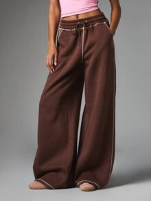 Missguided x Playboy Wide Leg Sweatpants With Contrast Stitching Bum Logo Print Drawstring Waist Casual Lounge Pants - Brown - View 2