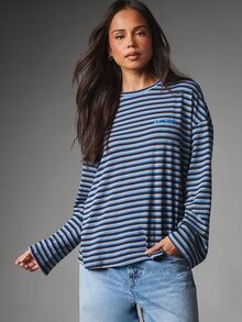 MISSGUIDED Archive Striped Oversized Long Sleeve T-Shirt Crew Neck Back Logo Print Casual Relaxed Fit Top Fall Winter Everyday Layering Essential - Multicolor - View 5
