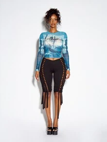 SUMWON WOMEN Miami Scenic Print Semi-Sheer Mesh Long Sleeve Crew Neck Crop Top With All Over Photographic Graphic Print Summer Festival Top - Blue - View 3