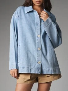MISSGUIDED 寬鬆淺色水洗牛仔夾克，翻領鈕扣前開襟，寬袖設計，附貼袋，春季休閒外套 - 淺色水洗藍 - 查看 4