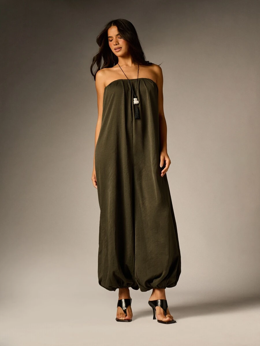 AiiRZ Strapless Wide Leg Bubble Hem Jumpsuit Relaxed Fit One Piece Full Length Summer Holiday Boho Style - Green - View 1