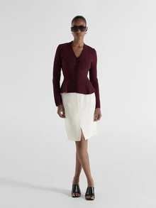 KSTM Fitted Peplum Knit Jacket With V-Neck Button Front Closure And Pleated Hem Detail For Office And Evening Occasions - Burgundy - View 2