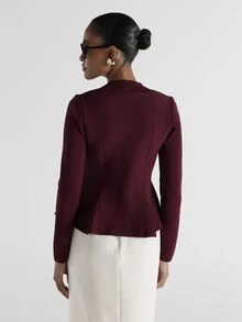 KSTM Fitted Peplum Knit Jacket With V-Neck Button Front Closure And Pleated Hem Detail For Office And Evening Occasions - Burgundy - View 5