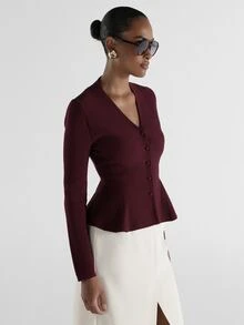 KSTM Fitted Peplum Knit Jacket With V-Neck Button Front Closure And Pleated Hem Detail For Office And Evening Occasions - Burgundy - View 1