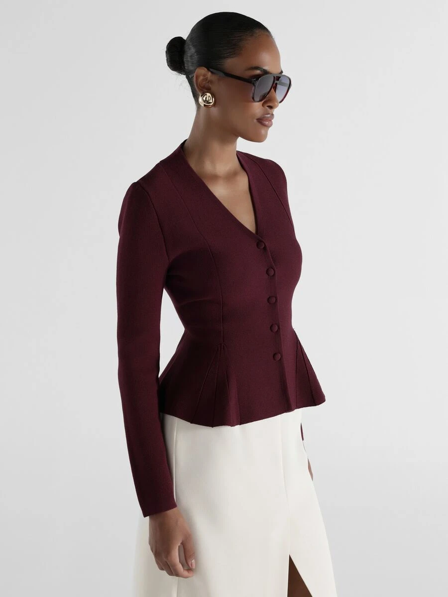 KSTM Fitted Peplum Knit Jacket With V-Neck Button Front Closure And Pleated Hem Detail For Office And Evening Occasions - Burgundy - View 1