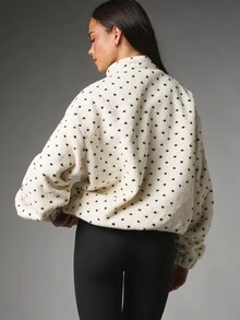 MISSGUIDED Oversized Sherpa Fleece Full-Zip Jacket With Stand Collar And Polka Dot Pattern For Fall Winter Cozy Casual Everyday Layering - Black and White - View 3
