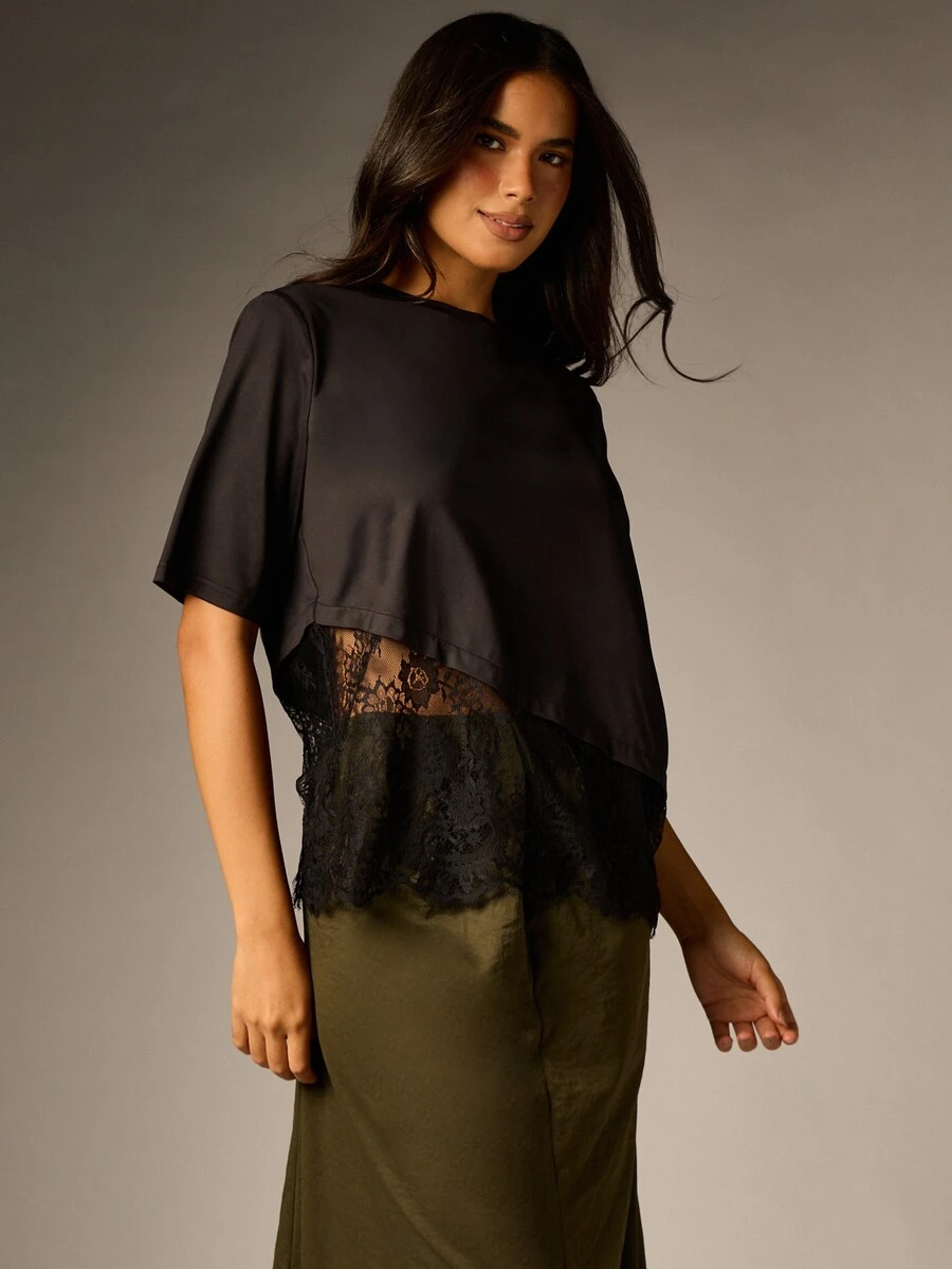 AiiRZ Boxy Short Sleeve Crew Neck Top With Sheer Floral Lace Hem Extension Summer Evening Party Layered Style - Black - View 1