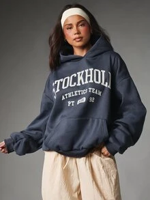 MISSGUIDED Stockholm Athletics Team Oversized Hoodie With Large Varsity Text Print Centre Pocket Long Sleeve Pullover Fall Winter Essential - Light Grey - View 1