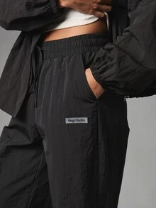 MISSGUIDED Wide Leg Casual Drawstring Pants With Elastic Waist Crinkle Nylon Full Length Relaxed Fit Pull On Trousers Summer Holiday - Black - View 4