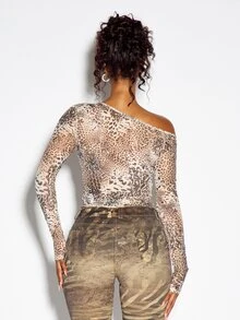 SUMWON WOMEN Crop top jala motif leopard lengan panjang satu bahu dengan lengan pas dan garis leher asimetris untuk acara malam musim panas. - Krem - View 5