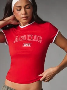 MISSGUIDED Ath Club 2026 Varsity Text Crop T-Shirt With Contrast White Ringer Trim Crew Neck Short Sleeve Slim Fit Tee - Red - View 5