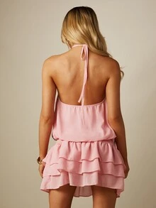 MISSGUIDED 掛脖迷你洋裝，層次荷葉邊裙擺、泡泡上身、後背繫帶，夏季派對雪紡飄逸洋裝 - 粉色 - 查看 2