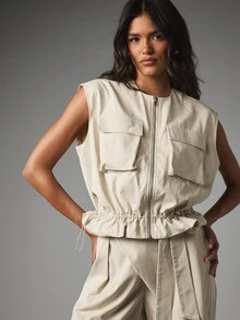 MISSGUIDED Sleeveless Zip-Up Cargo Vest And Wide Leg Belted Trousers Co-Ord Set With Patch Pockets And Elasticated Waist - Khaki - View 3
